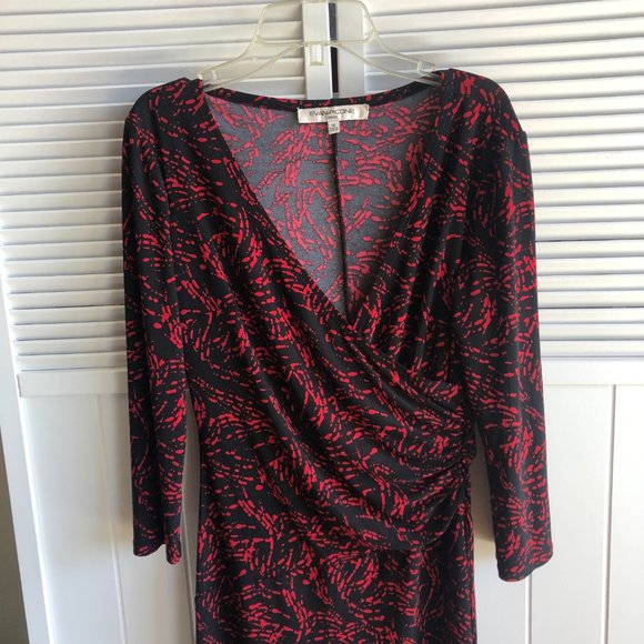 Evan Picone Dress Black and Red Long Sleeve V Neck & Gathering Detail Size 12 - Picture 3 of 10